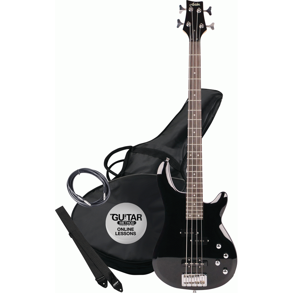 Ashton AB4BK Bass Guitar Pack w/ Gig Bag, Strap & Lead (Black)