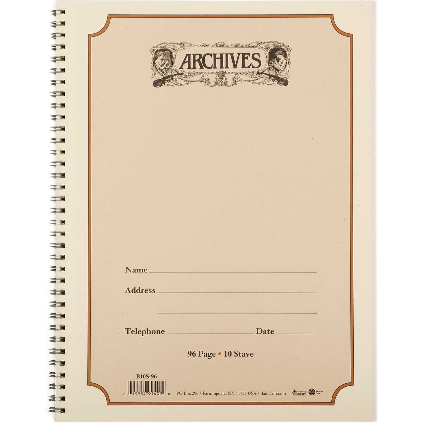 Archives Spiral Bound Manuscript Paper Book, 10 Stave, 96 Pages