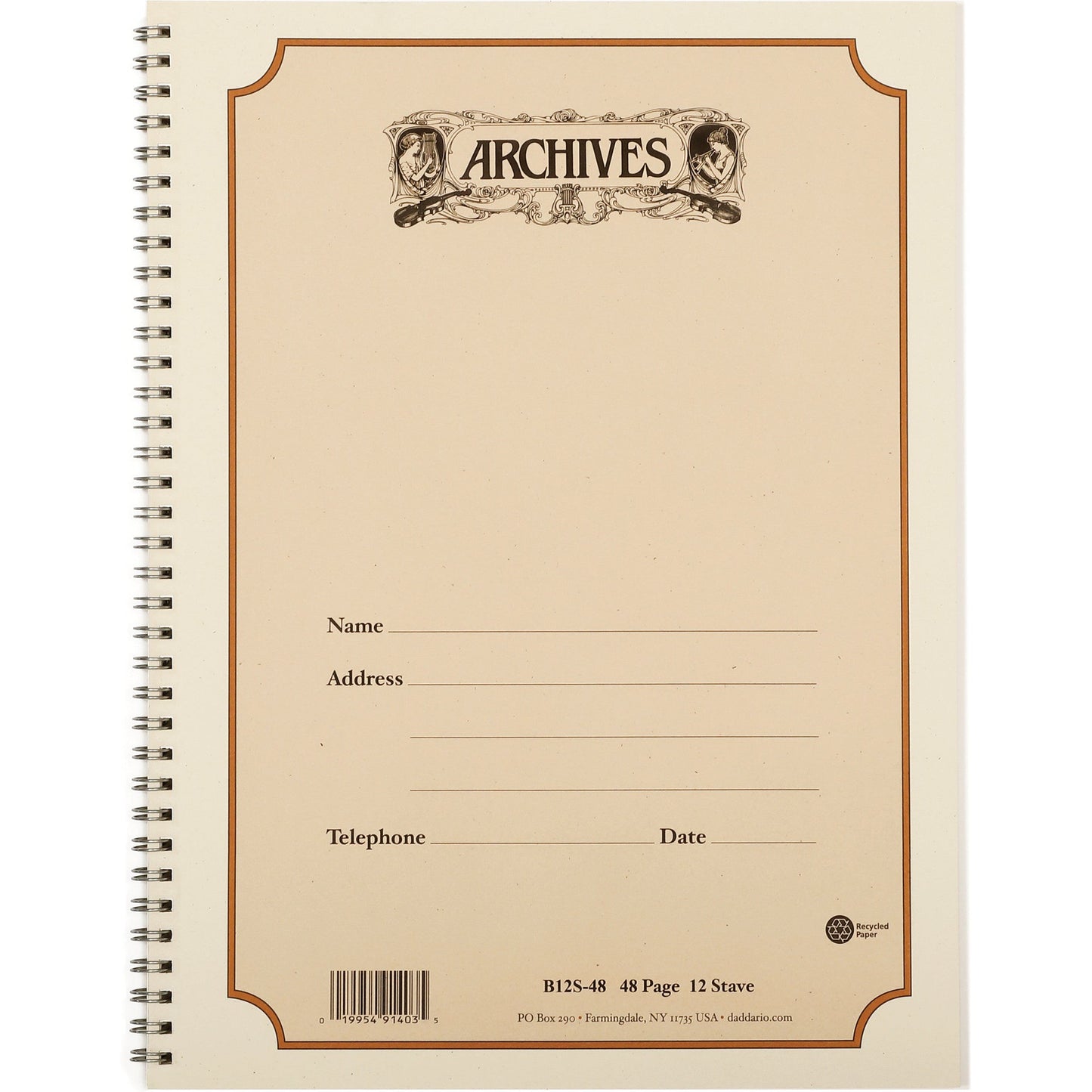 Archives Spiral Bound Manuscript Paper Book, 12 Stave, 48 Pages