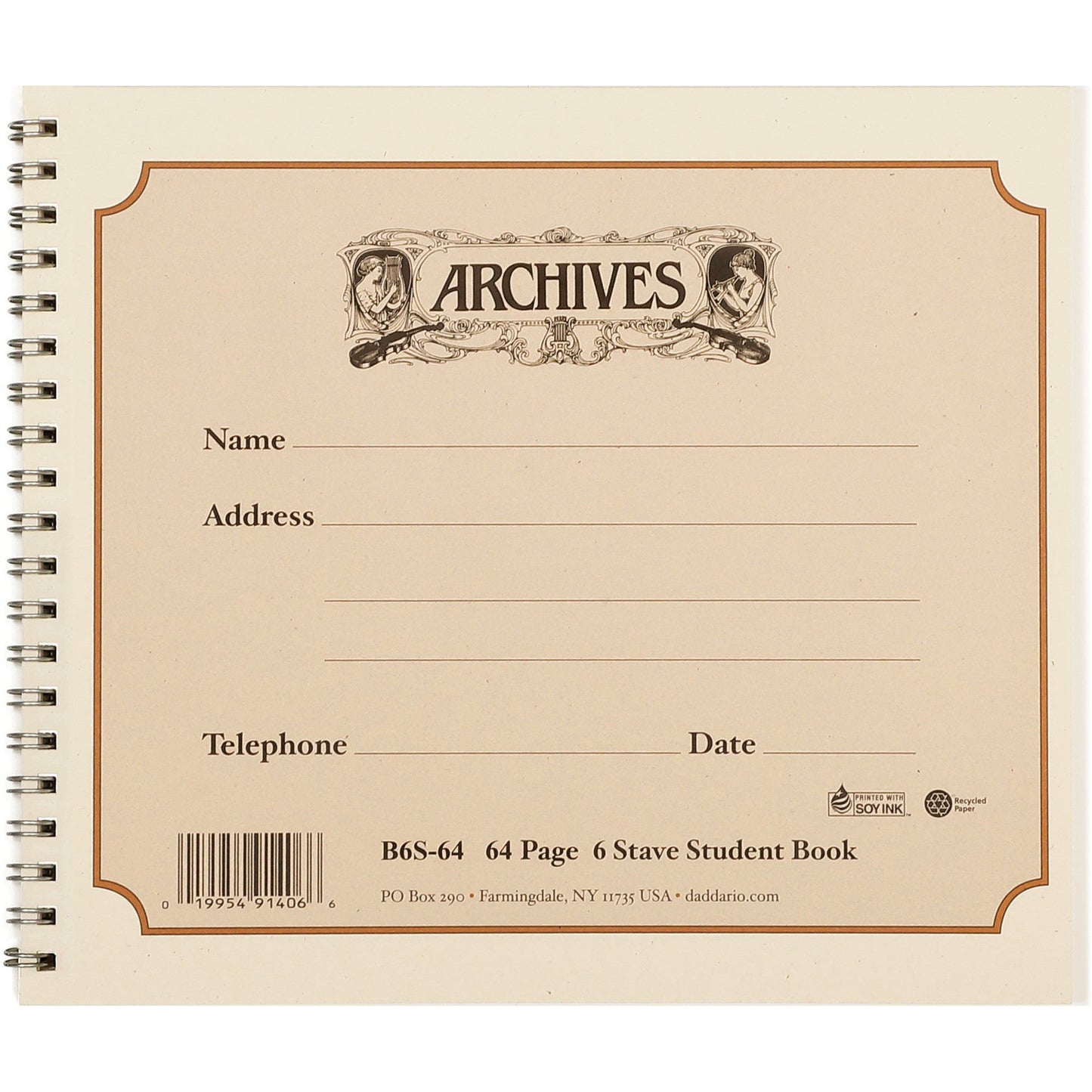 Archives Spiral Bound Manuscript Paper Book, 6 Stave, 64 Pages