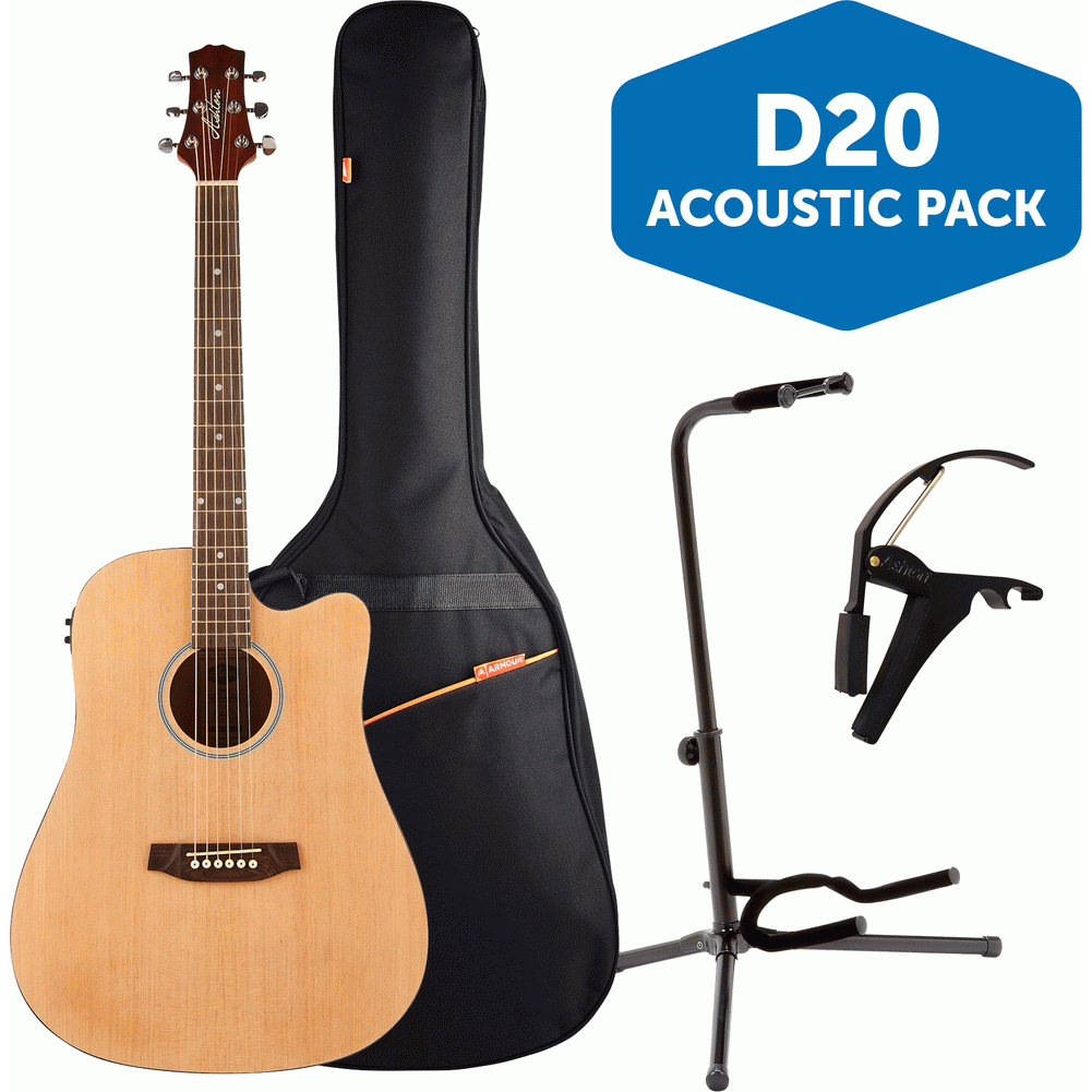 Ashton D20CEQNTM Acoustic Guitar Pack w/ Gig Bag, Capo & Stand (Natural Matte)