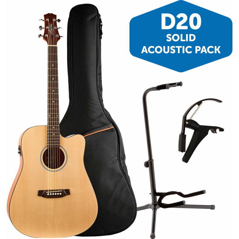 Ashton D20SCEQNTM Solid Top Acoustic Guitar Pack w/ Gig Bag, Capo & Stand (Natural Matte)
