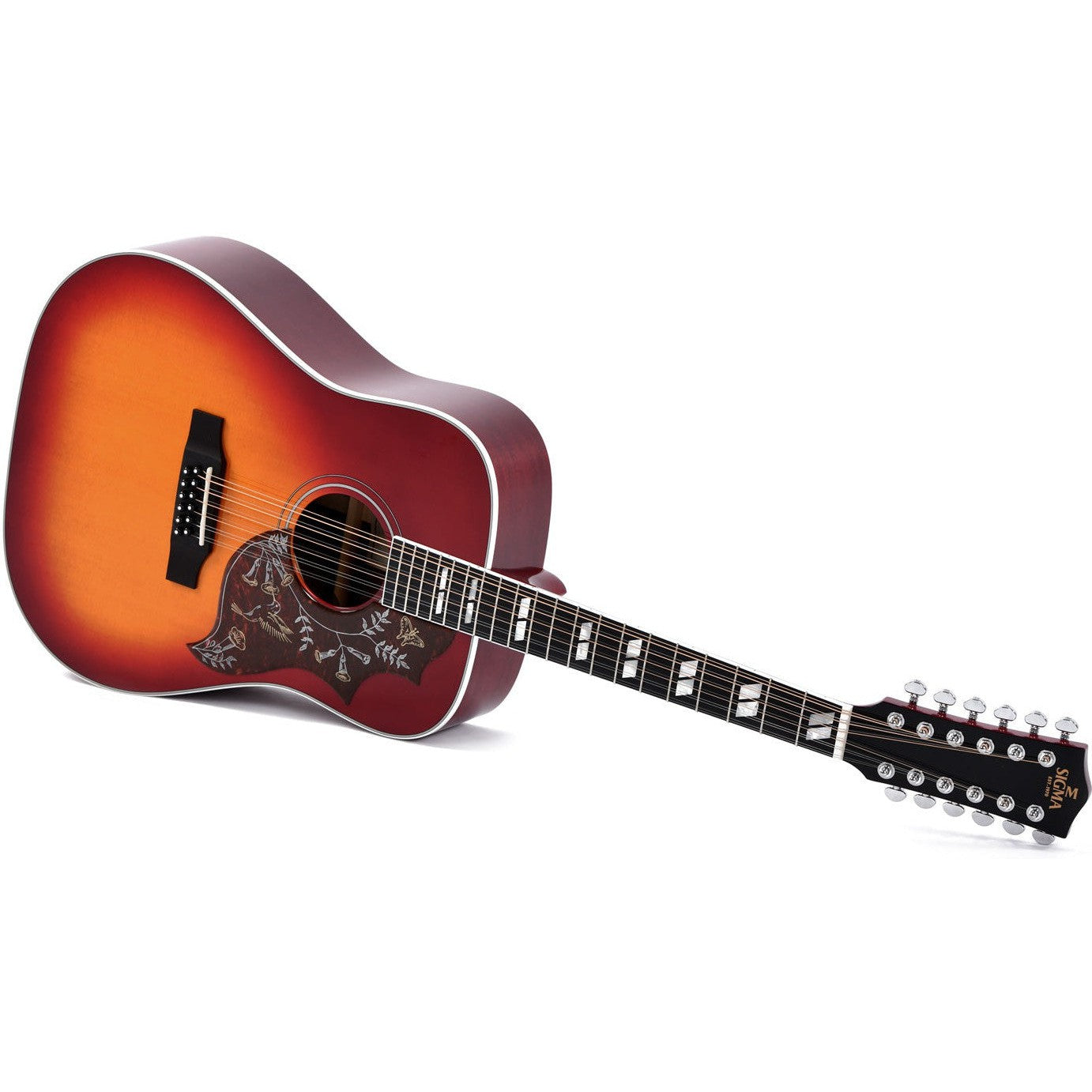 Sigma DM12-SG5 Dreadnought Acoustic Guitar 12 String Solid Sitka Spruce Top - Mahogany Back and Sides Vintage Cherry Sunburst - Hummingbird - Gloss