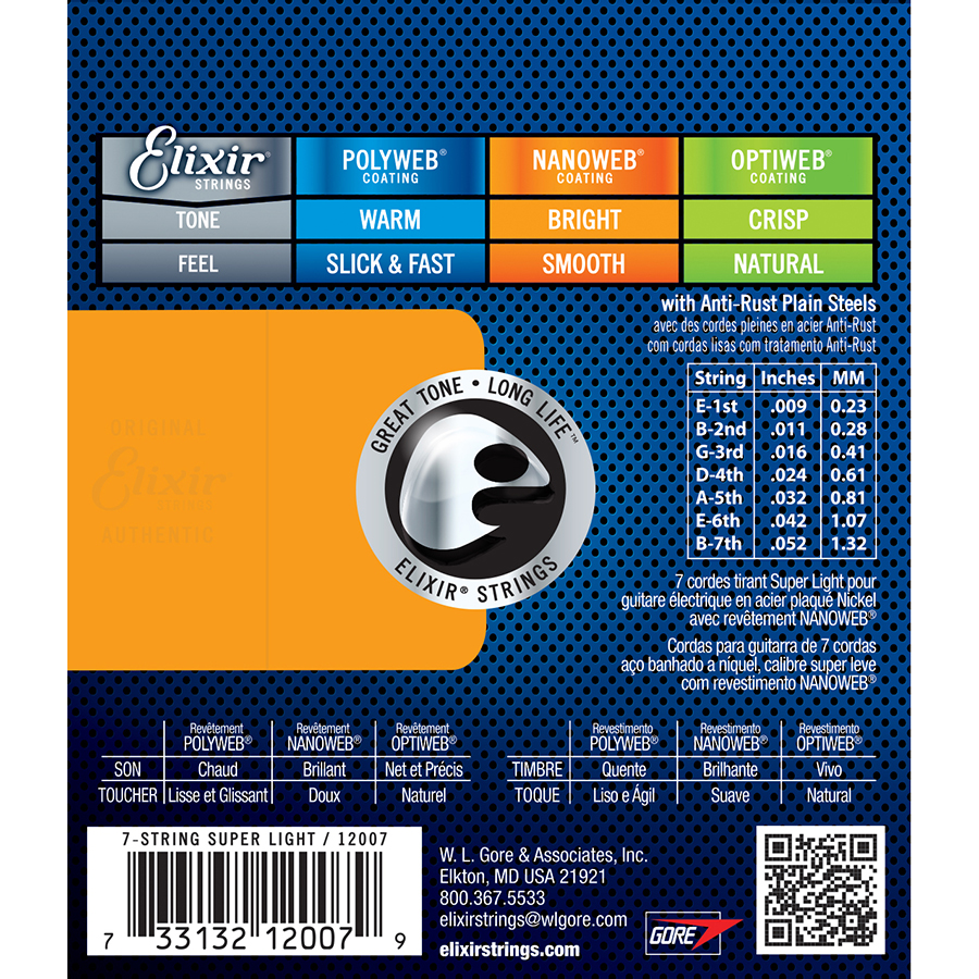 Elixir Nanoweb Nickel Electric Guitar Strings 9-52 (7 String)