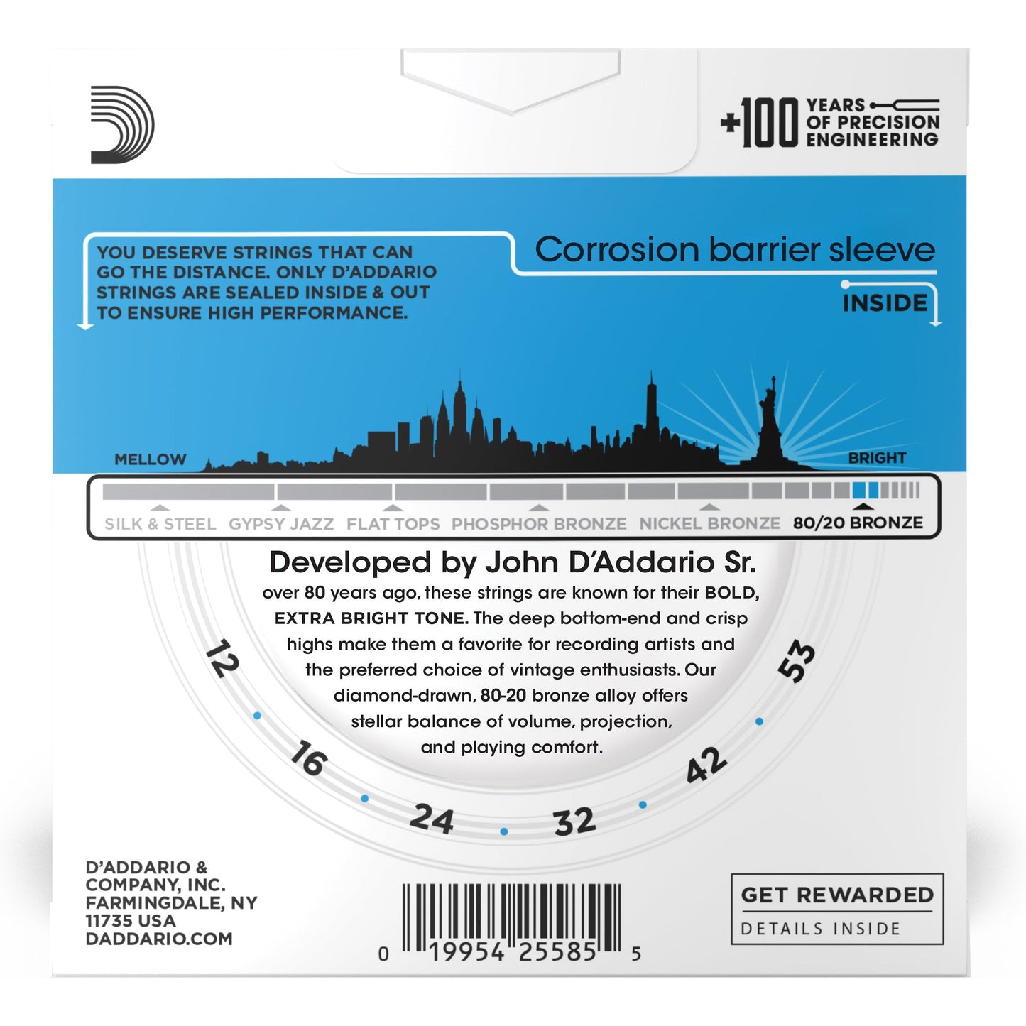 D'Addario EJ11-3D 80/20 Bronze Acoustic Guitar Strings, Light, 12-53, 3 Sets