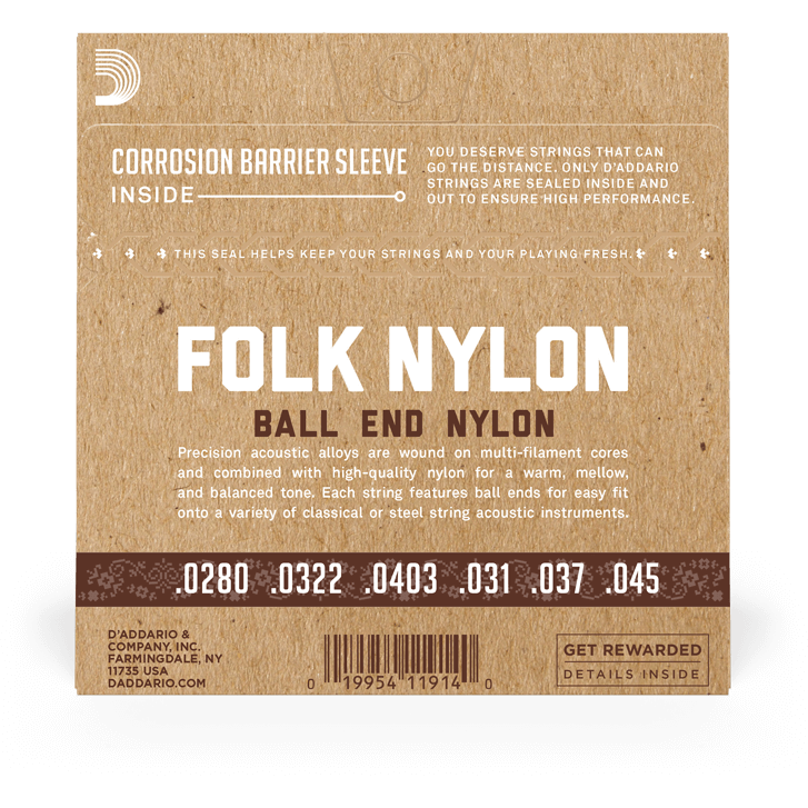 D'Addario Folk Nylon Guitar Strings – Ball End – Silver Wound/Clear Nylon Trebles