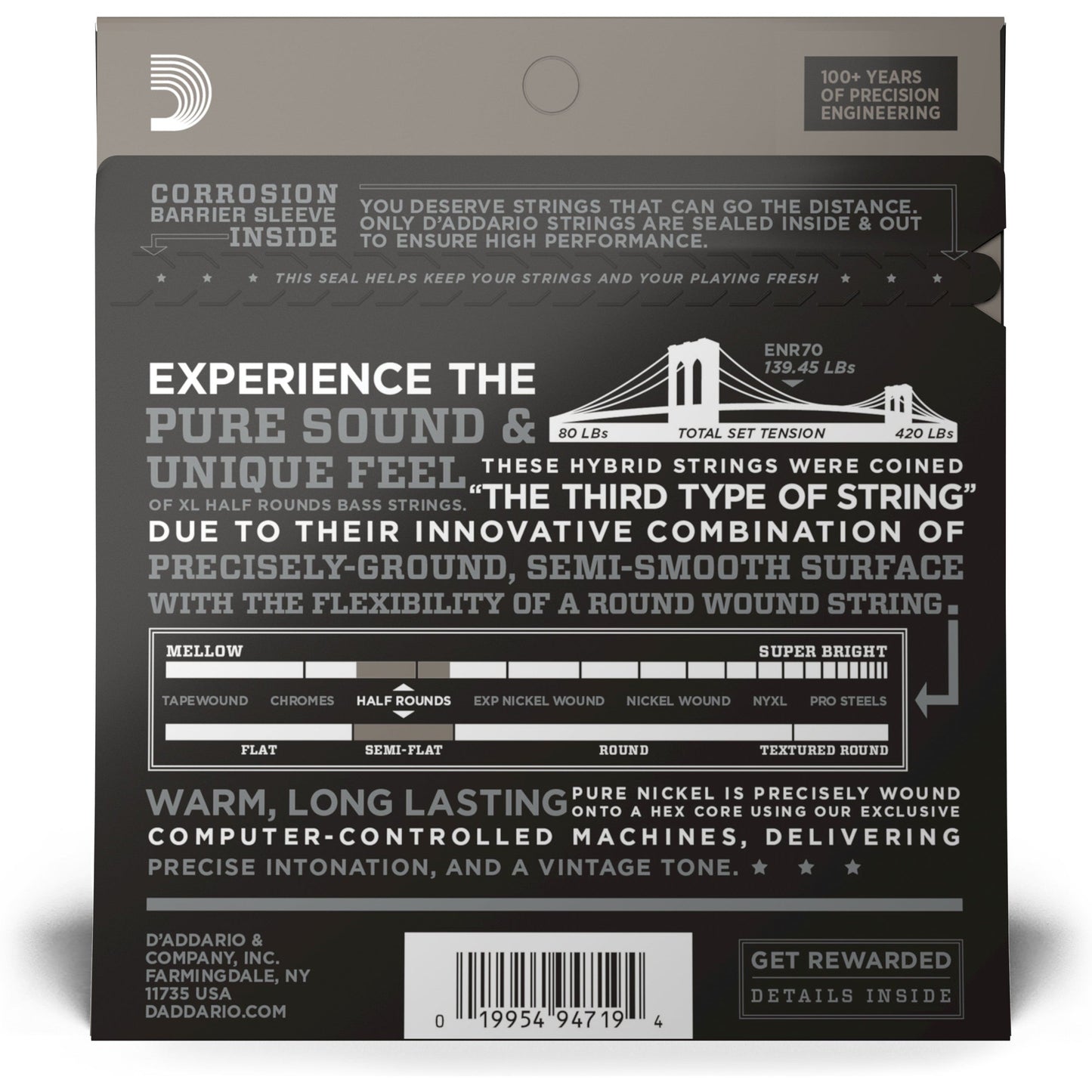 D'Addario ENR70 Half Round Bass Guitar Strings, Super Light, 40-95, Long Scale