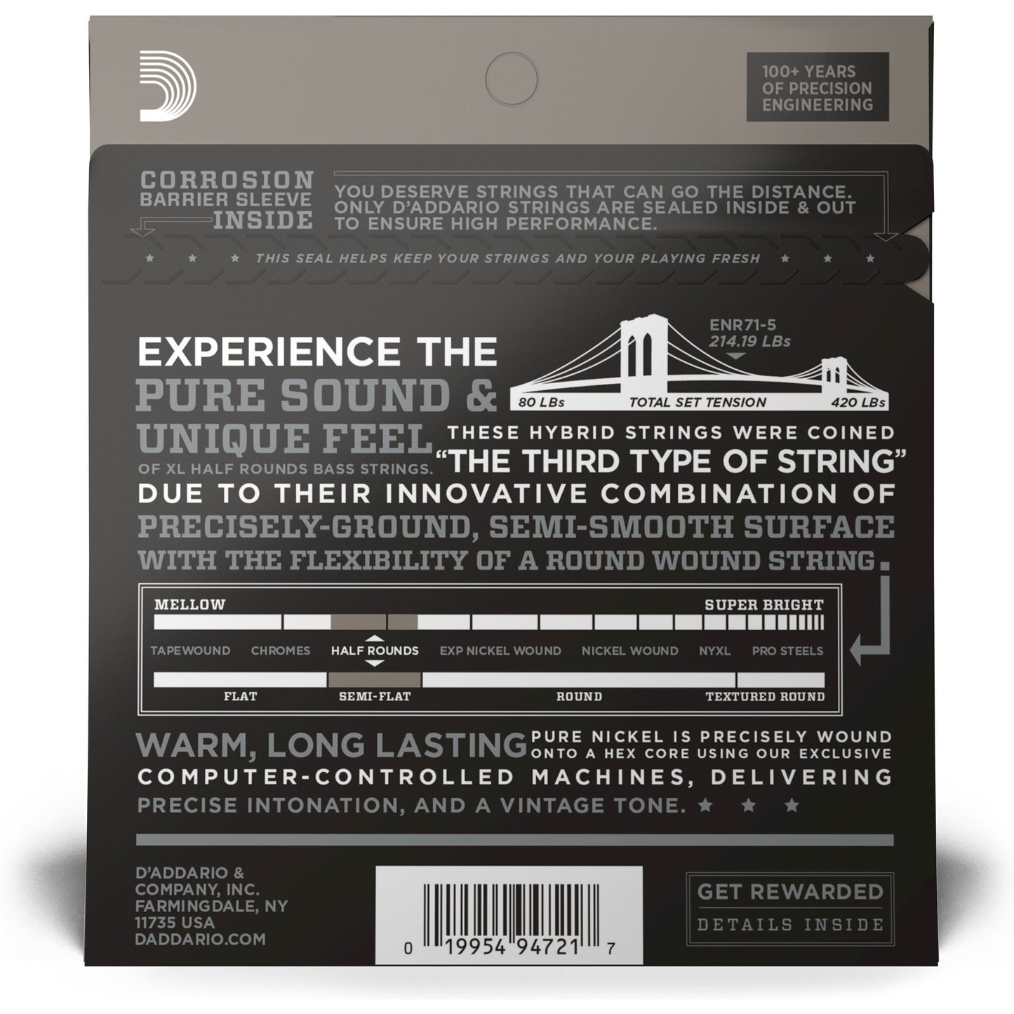 D'Addario ENR71-5 Half Round 5-String Bass Guitar Strings, Regular Light, 45-130, Long Scale