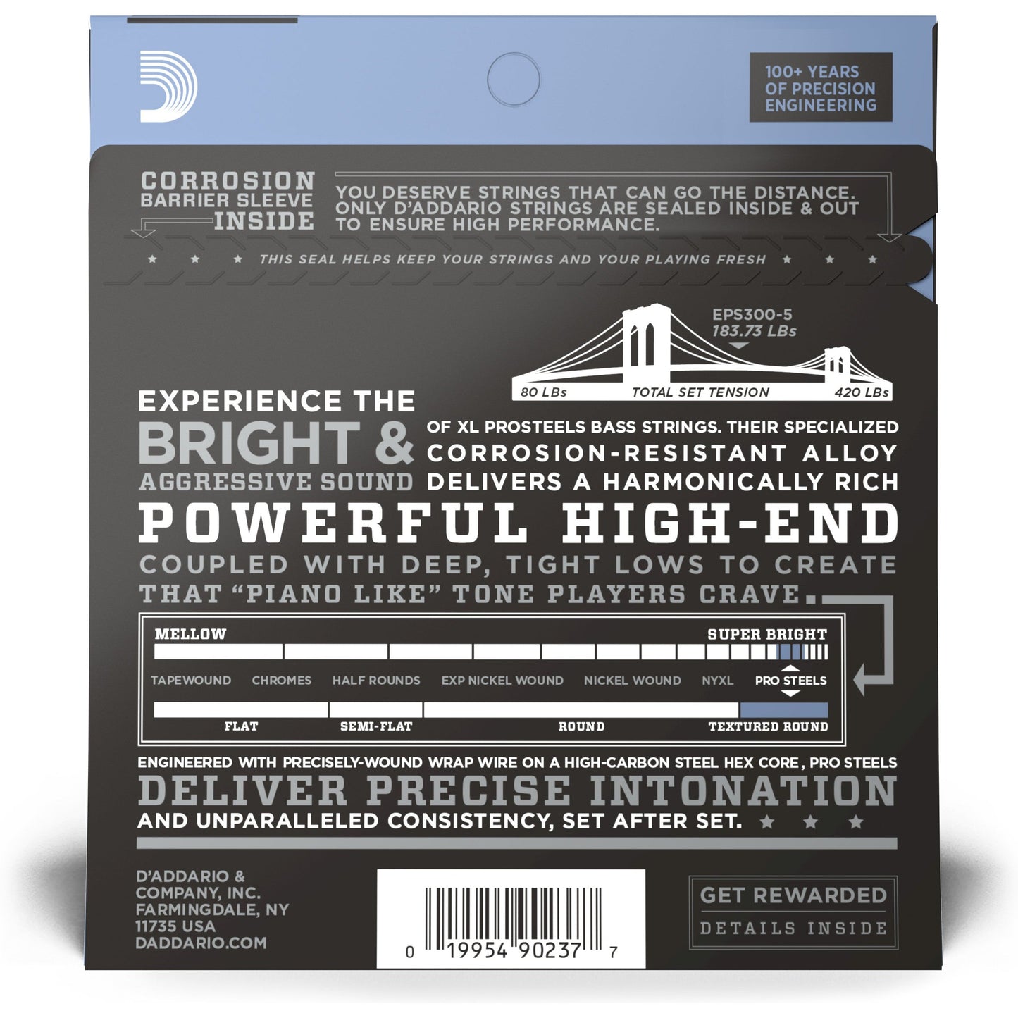 D'Addario EPS300-5 ProSteels 5-String Bass, Custom Light, 43-127, Long Scale