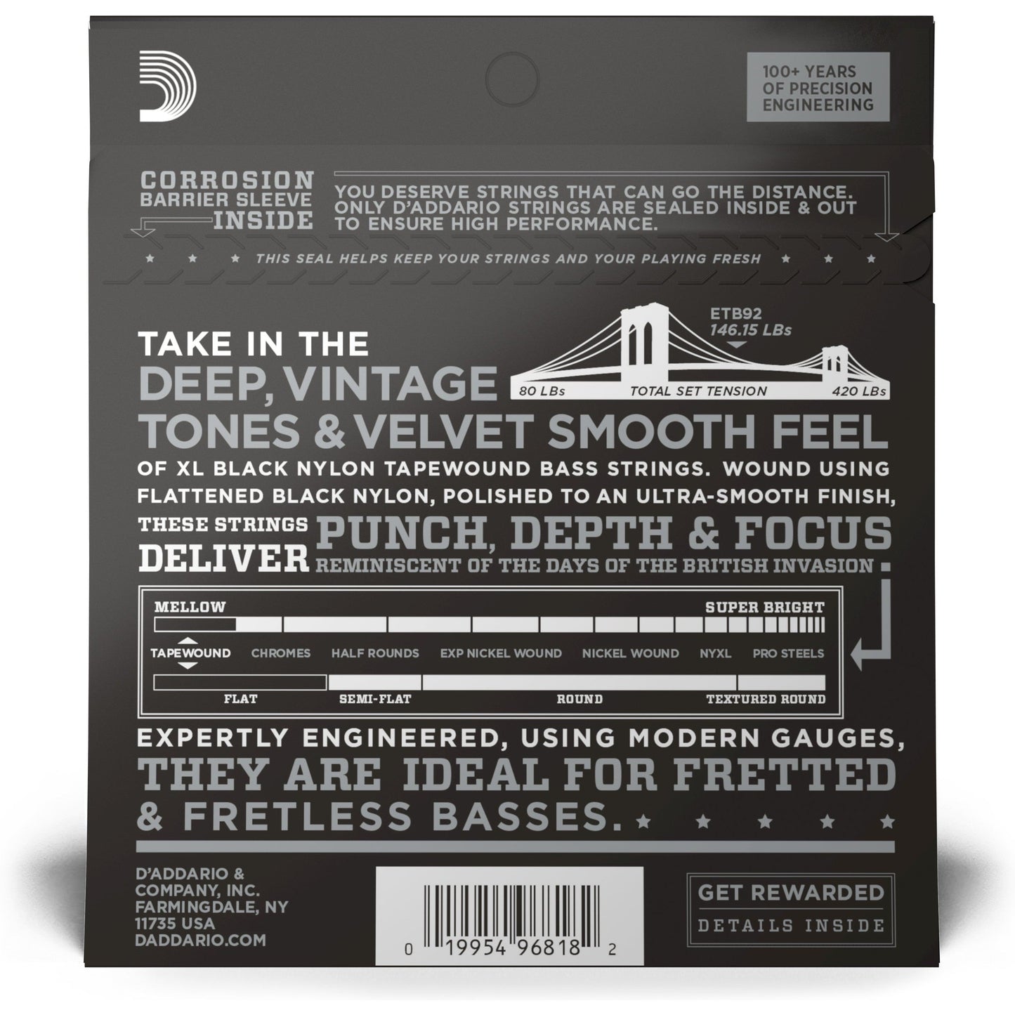 D'Addario ETB92 Tapewound Bass Guitar Strings, Medium, 50-105, Long Scale