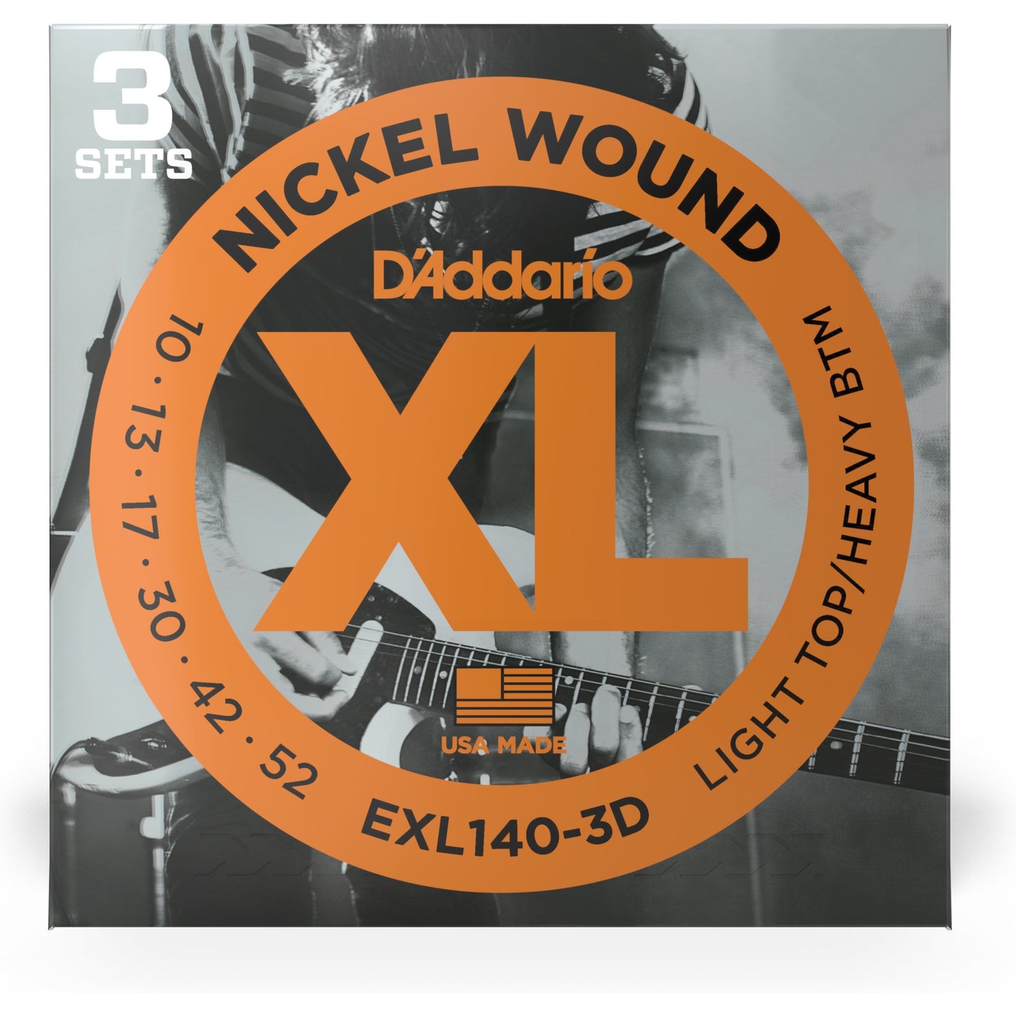 D'Addario EXL140-3D Nickel Wound Electric Guitar Strings, Light Top/Heavy Bottom, 10-52, 3 sets
