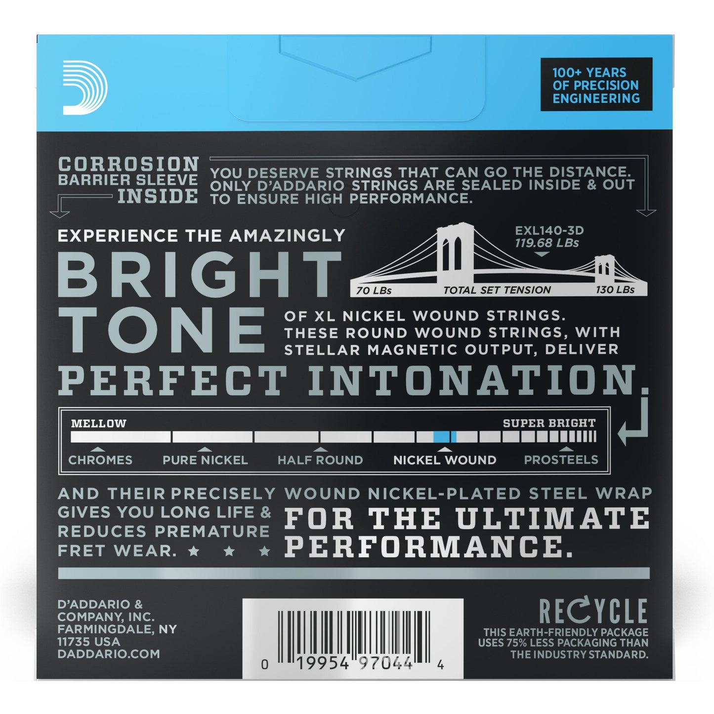 D'Addario EXL140-3D Nickel Wound Electric Guitar Strings, Light Top/Heavy Bottom, 10-52, 3 sets