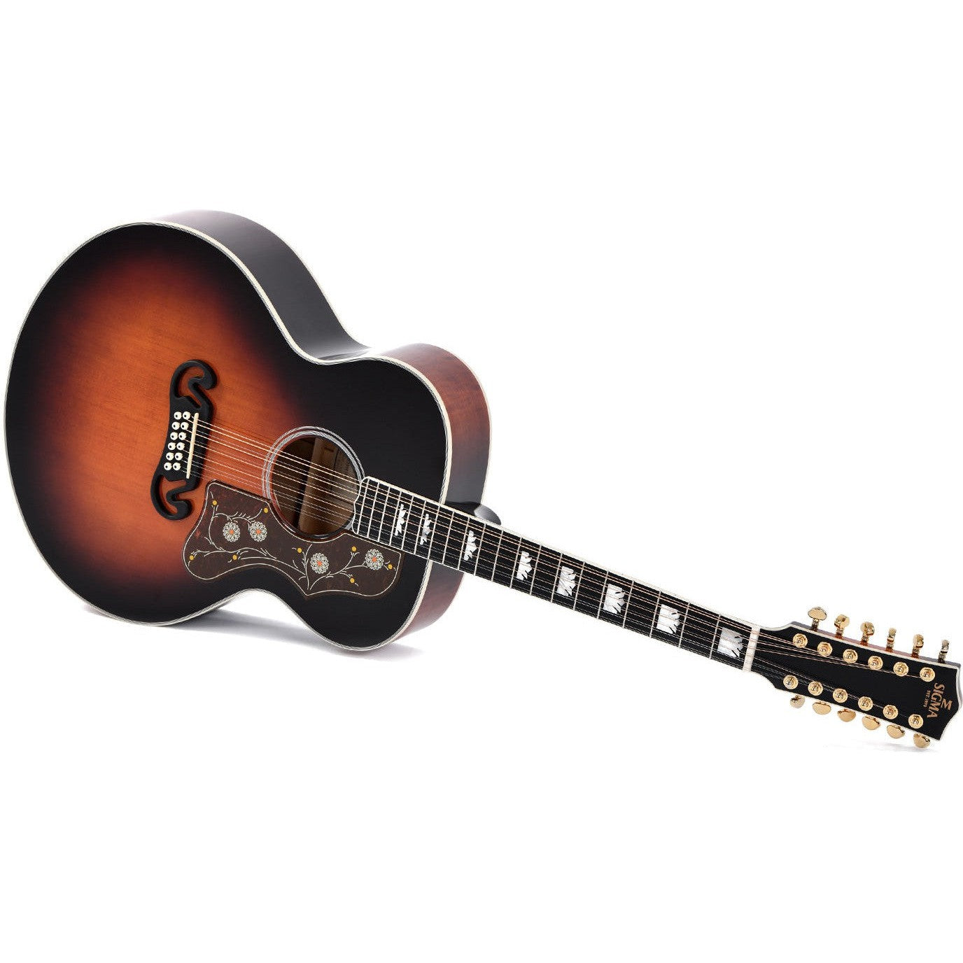 Sigma GJA12-SG200 Grand Jumbo Acoustic Guitar 12 String Solid Sitka Spruce Top - Flamed Maple Back and Sides - Dark Vintage Sunburst - Gloss