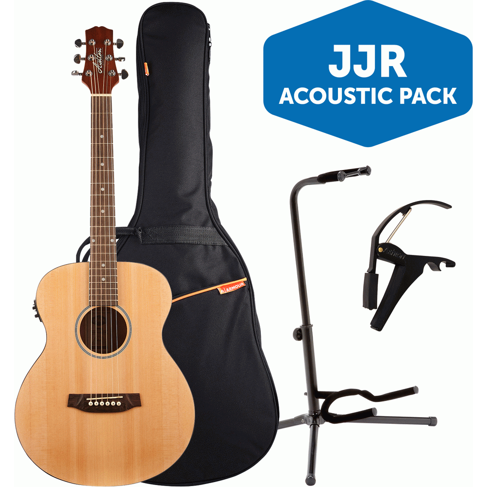 Ashton JJR20EQNTM Mini Acoustic Guitar Pack w/ Gig Bag, Capo & Stand (Natural Matte)