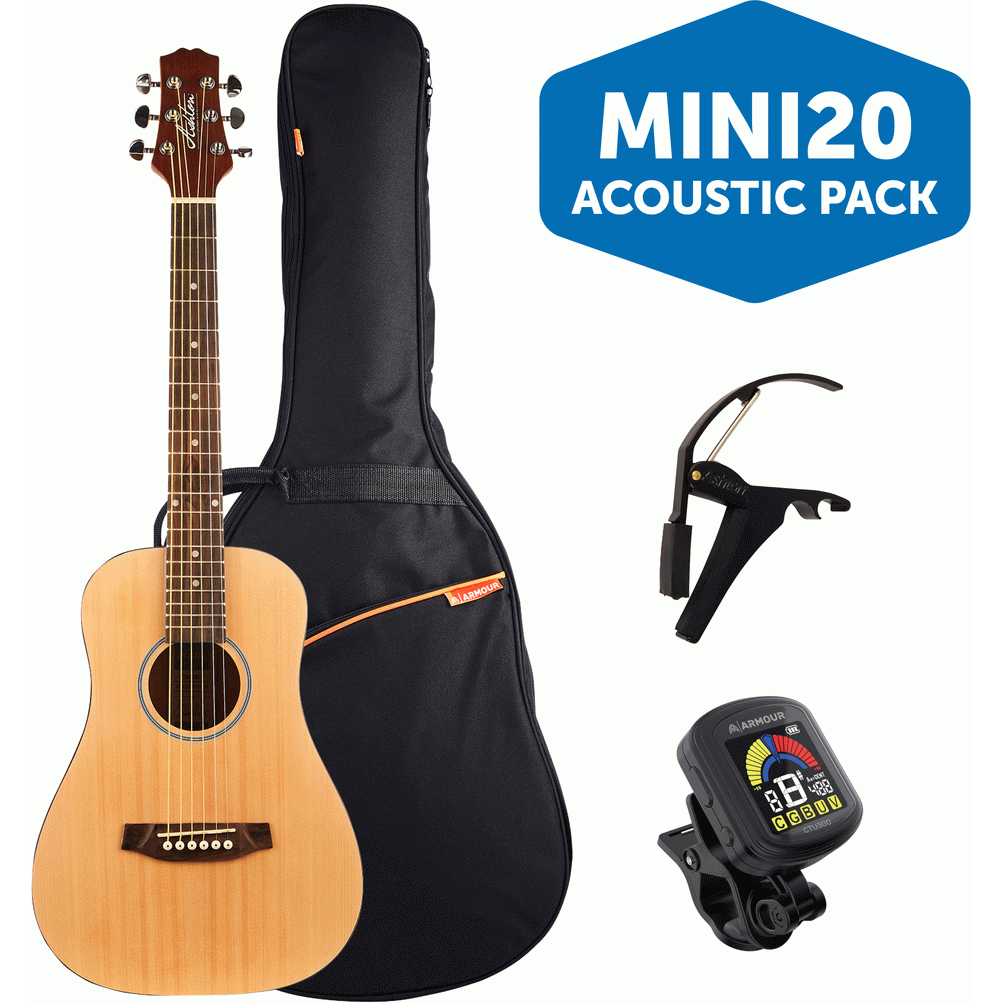 Ashton MINI20NTM Mini Acoustic Guitar Pack w/ Gig Bag, Capo, Stand & Tuner (Natural Matte)