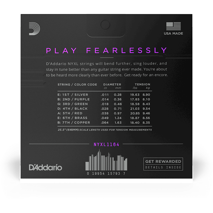 D'Addario NYXL Nickel Wound Electric Guitar Strings – 7 String – Medium – 11-64
