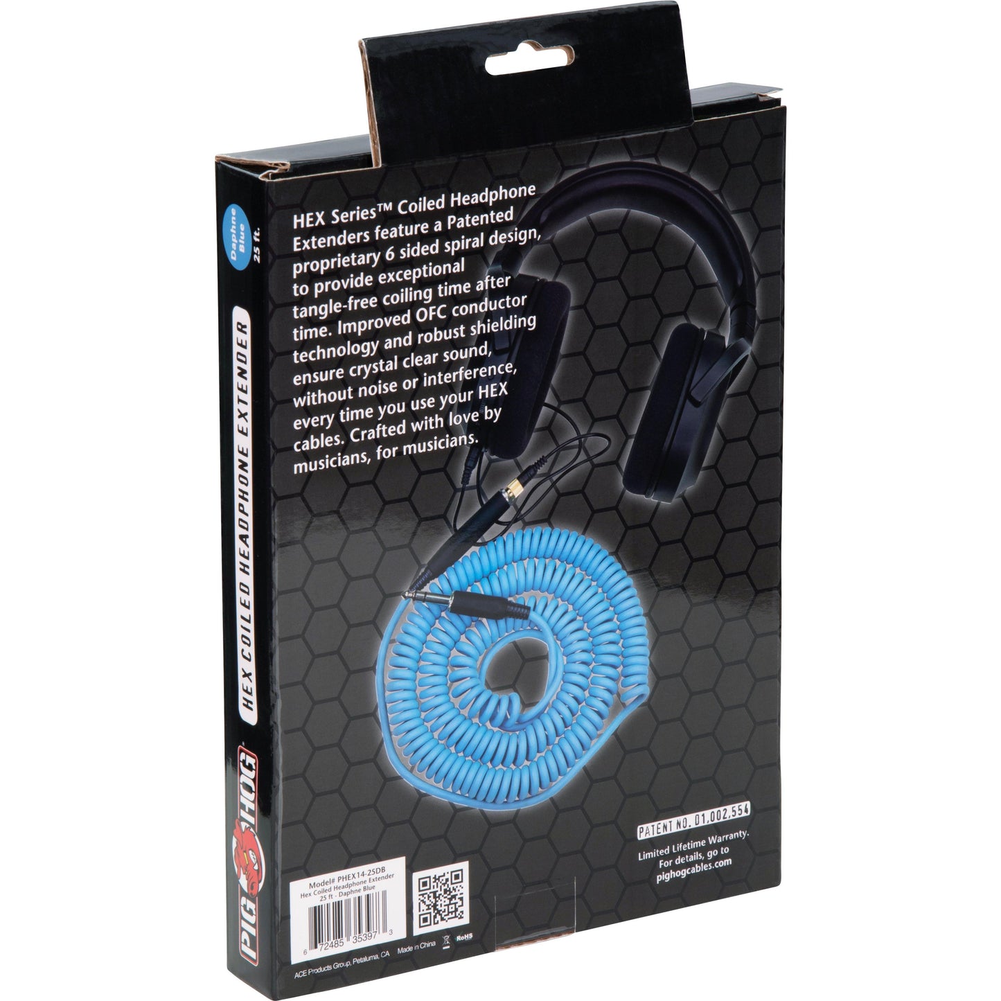 Pig Hog Hex Series Coiled Headphone Extension Cable 1/4" - 25 Foot - Daphne Blue