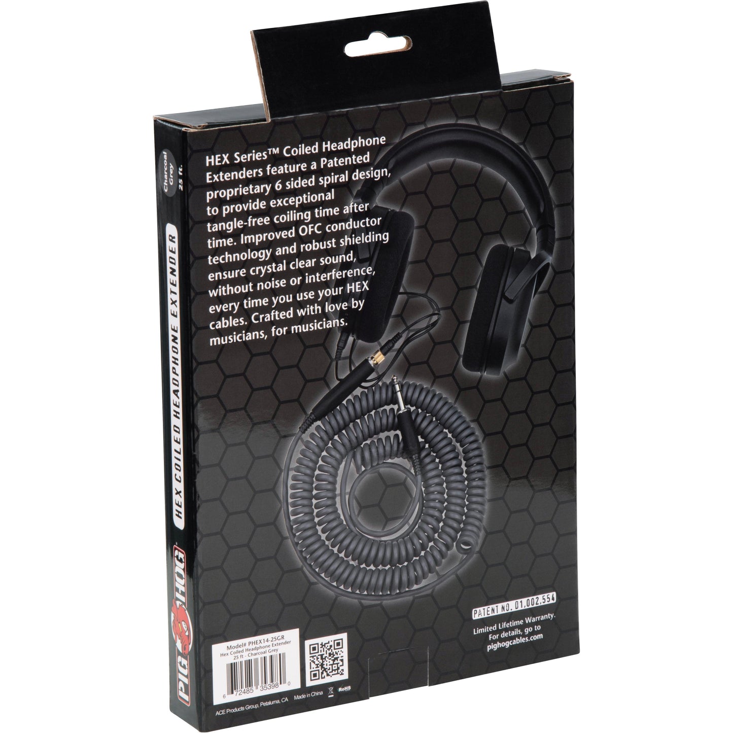Pig Hog Hex Series Coiled Headphone Extension Cable 1/4" - 25 Foot - Charcoal Grey