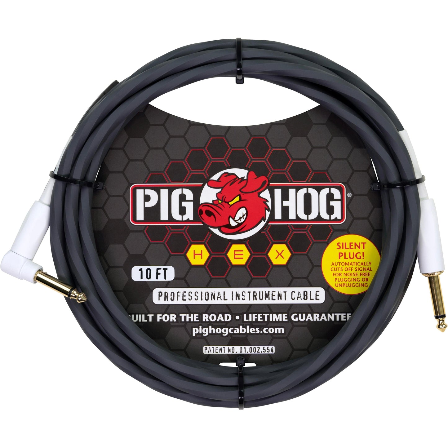 Pig Hog Hex Series Silent Cable - 10 Foot - Grey - Right Angle