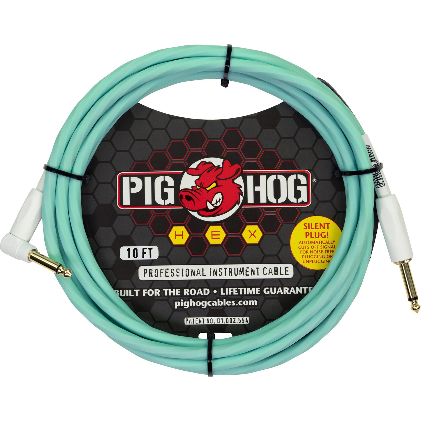 Pig Hog Hex Series Silent Cable - 10 Foot - Seafoam Green - Right Angle