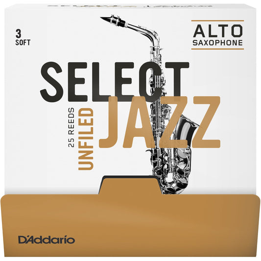 D'Addario Select Jazz Unfiled Alto Saxophone Reeds, Strength 3 Soft, 25 Box