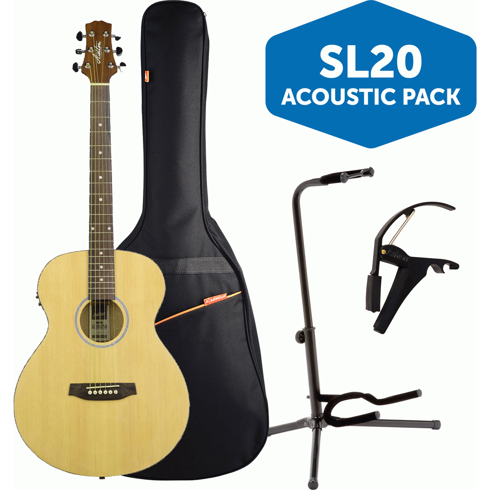 Ashton SL20EQNTM Slimline Acoustic Guitar Pack w/ Gig Bag, Capo & Stand (Natural Matte)