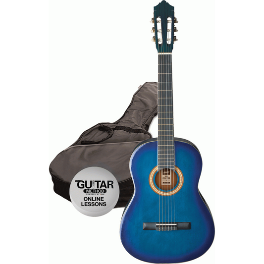 Ashton SPCG12TBB 1/2 Size Classical Guitar Starter Pack w/ Gig Bag & Online Lessons (Transparent Blue Burst)