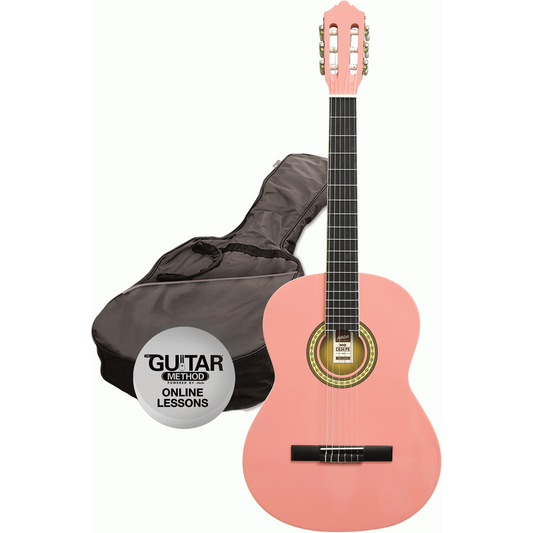Ashton SPCG14PK 1/4 Size Classical Guitar Starter Pack w/ Gig Bag & Online Lessons (Pink)