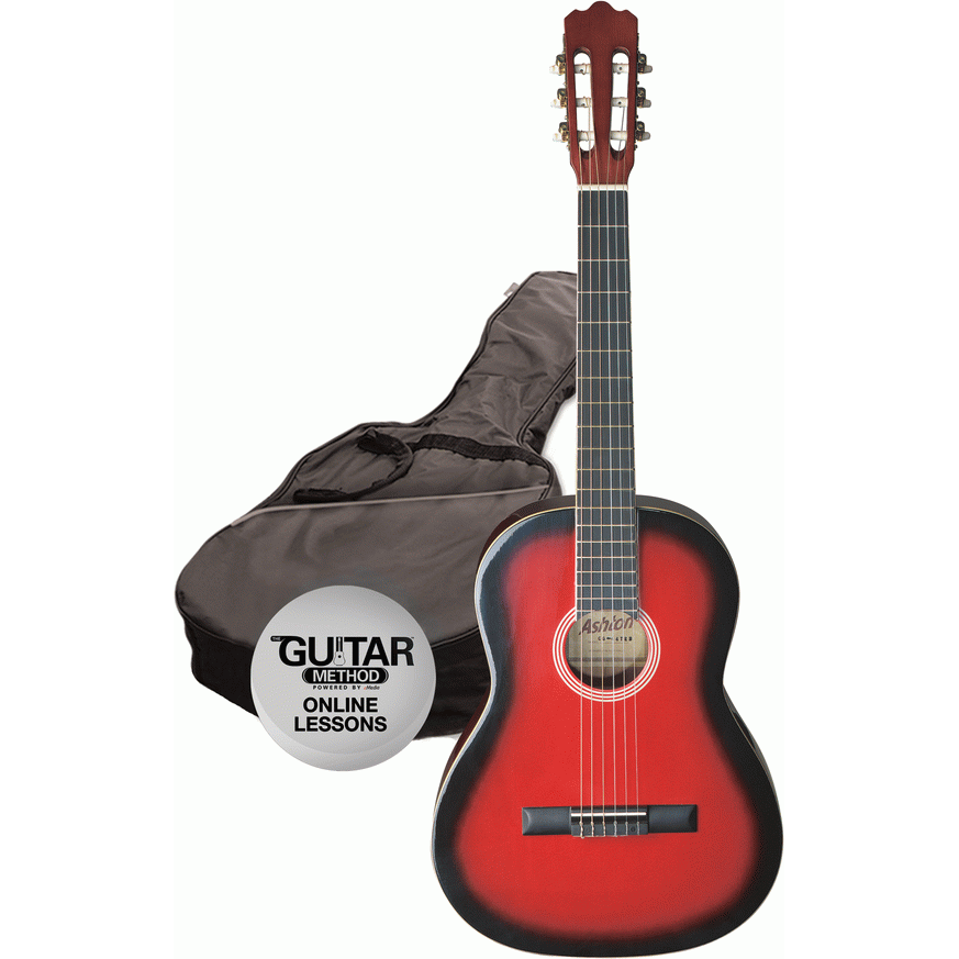 Ashton SPCG14TRB 1/4 Size Classical Guitar Starter Pack w/ Gig Bag & Online Lessons (Transparent Red Burst)