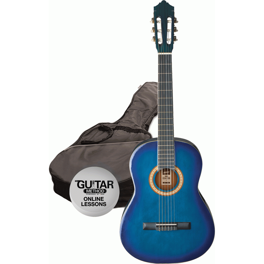 Ashton SPCG34TBB 3/4 Size Classical Guitar Starter Pack w/ Gig Bag & Online Lessons (Transparent Blue Burst)