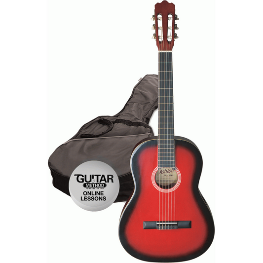 Ashton SPCG34TRB 3/4 Size Classical Guitar Starter Pack w/ Gig Bag & Online Lessons (Transparent Red Burst)
