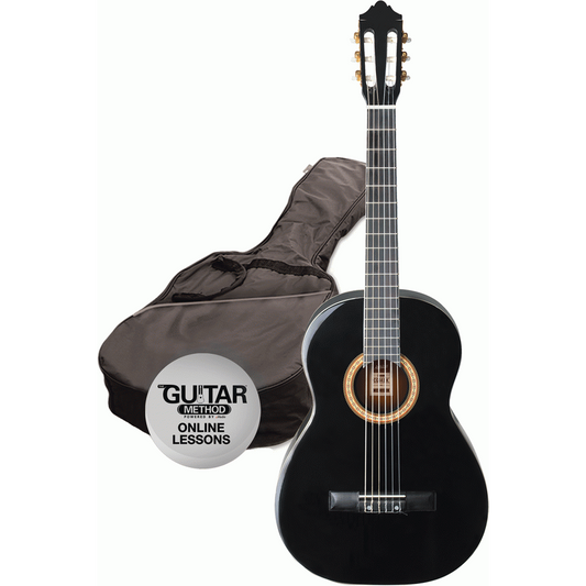 Ashton SPCG44BK 4/4 Size Classical Guitar Starter Pack w/ Gig Bag & Online Lessons (Black)