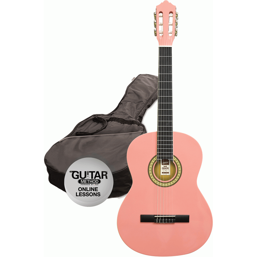 Ashton SPCG44PK 4/4 Size Classical Guitar Starter Pack w/ Gig Bag & Online Lessons (Pink)