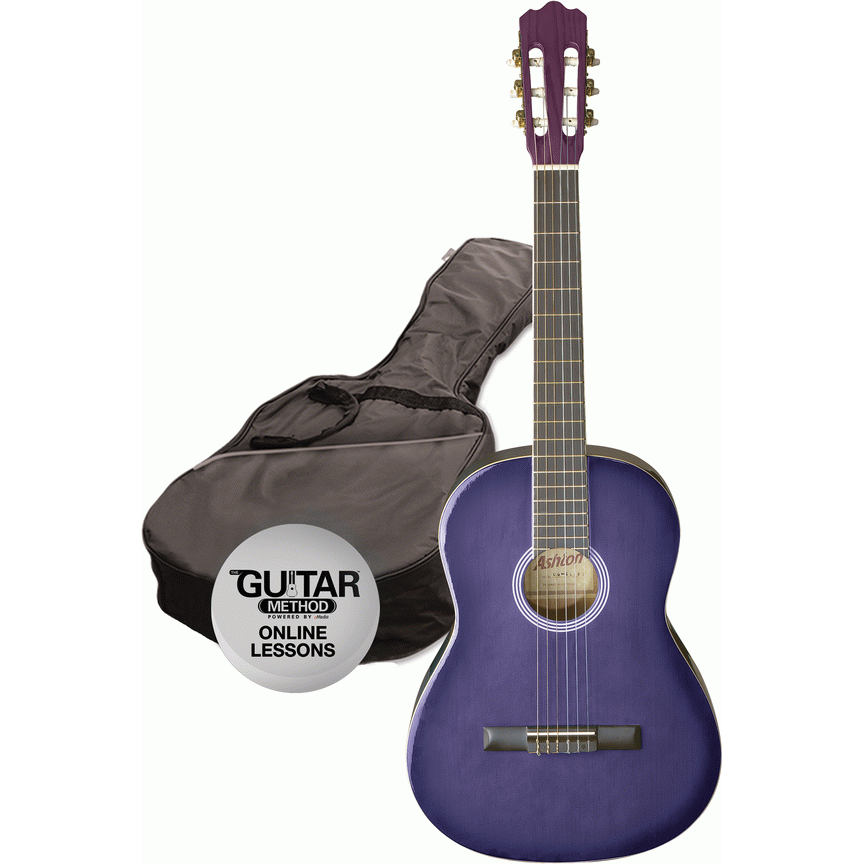 Ashton SPCG44TP 4/4 Size Classical Guitar Starter Pack w/ Gig Bag & Online Lessons (Transparent Purple)