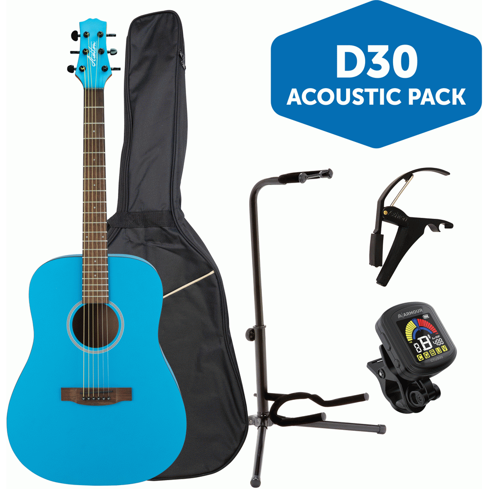 Ashton SPD30BLS Dreadnought Acoustic Guitar Pack w/ Gig Bag, Capo, Stand & Tuner (Blue Sky)