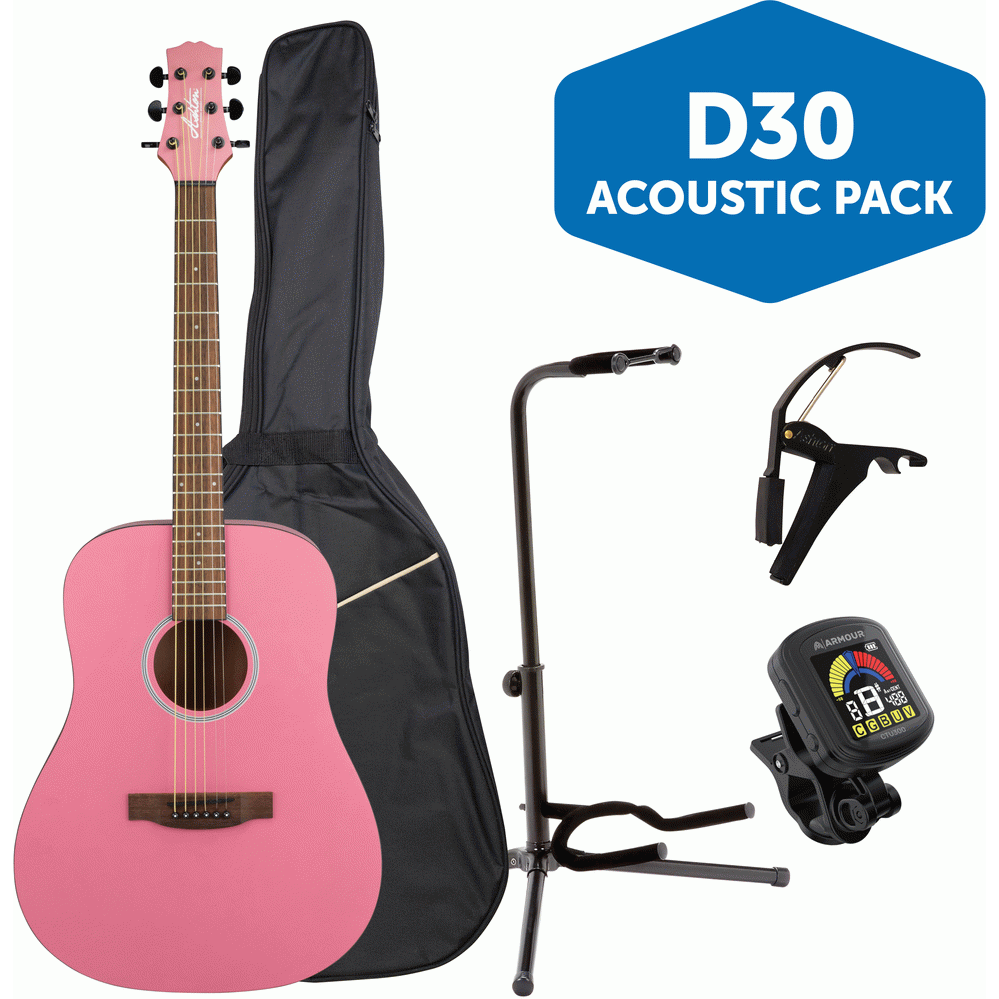Ashton SPD30GUV Dreadnought Acoustic Guitar Pack w/ Gig Bag, Capo, Stand & Tuner (Guava)