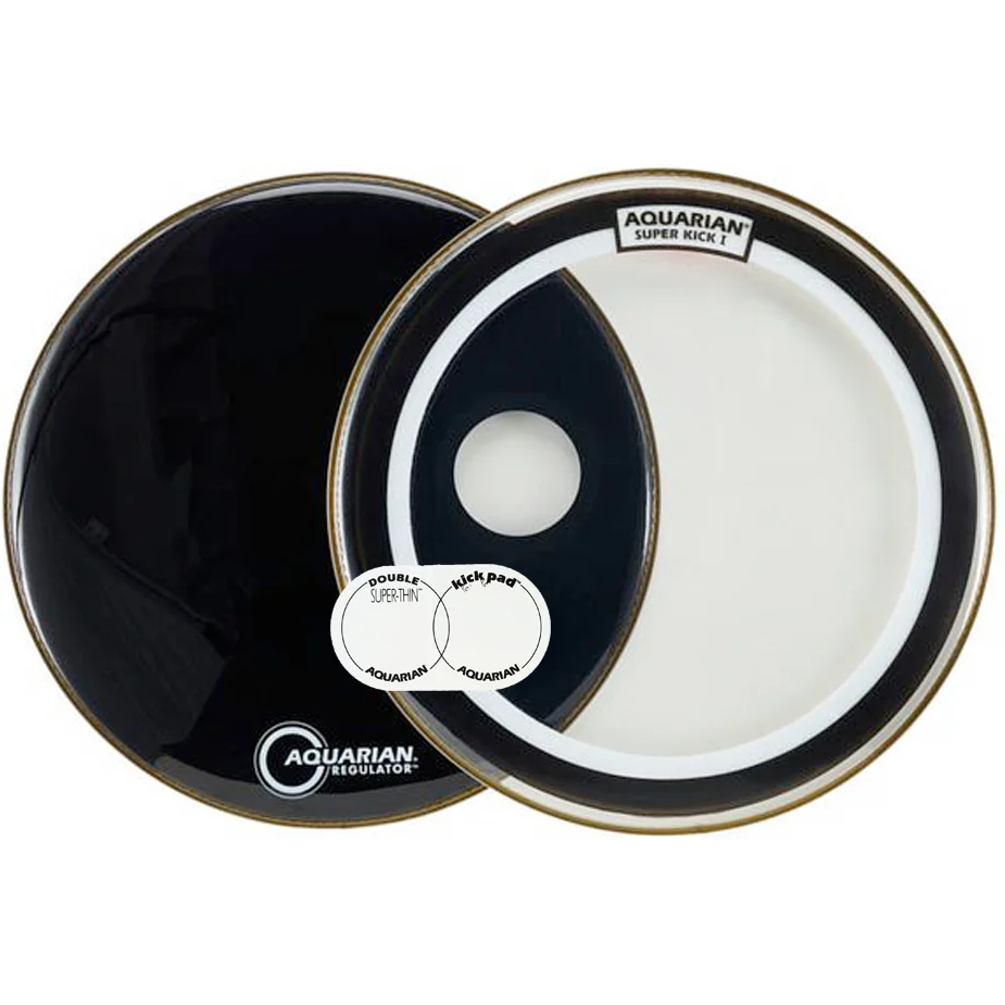 Aquarian Super Kick I – Batter Bass Drumhead – Clear (Pack w/ Regulator Black & Kick Pad) – 22″ (SKP22BK)