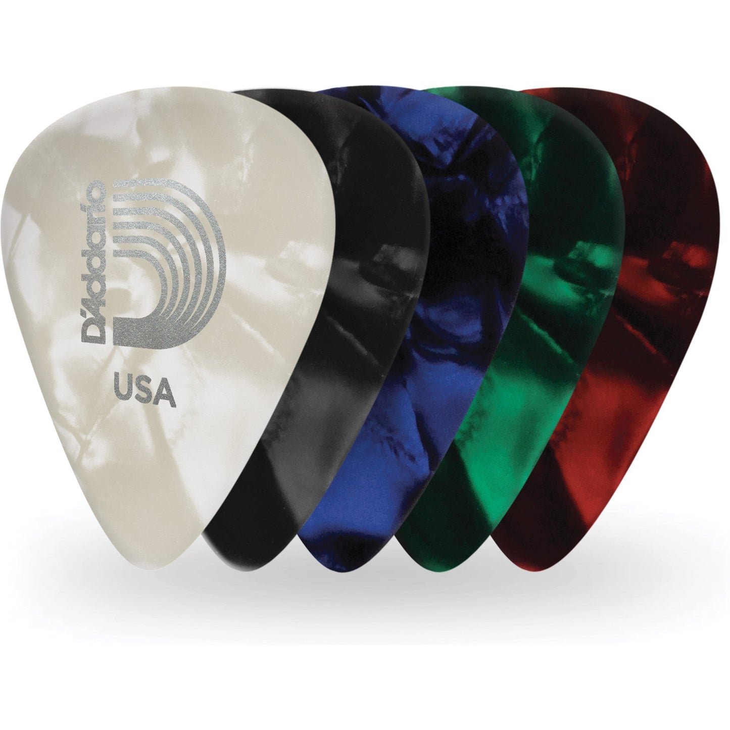 D'Addario Assorted Pearl Celluloid Guitar Picks, 100 Pack, Light