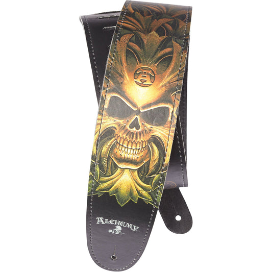 D'Addario Alchemy Leather Guitar Strap, Green Skull