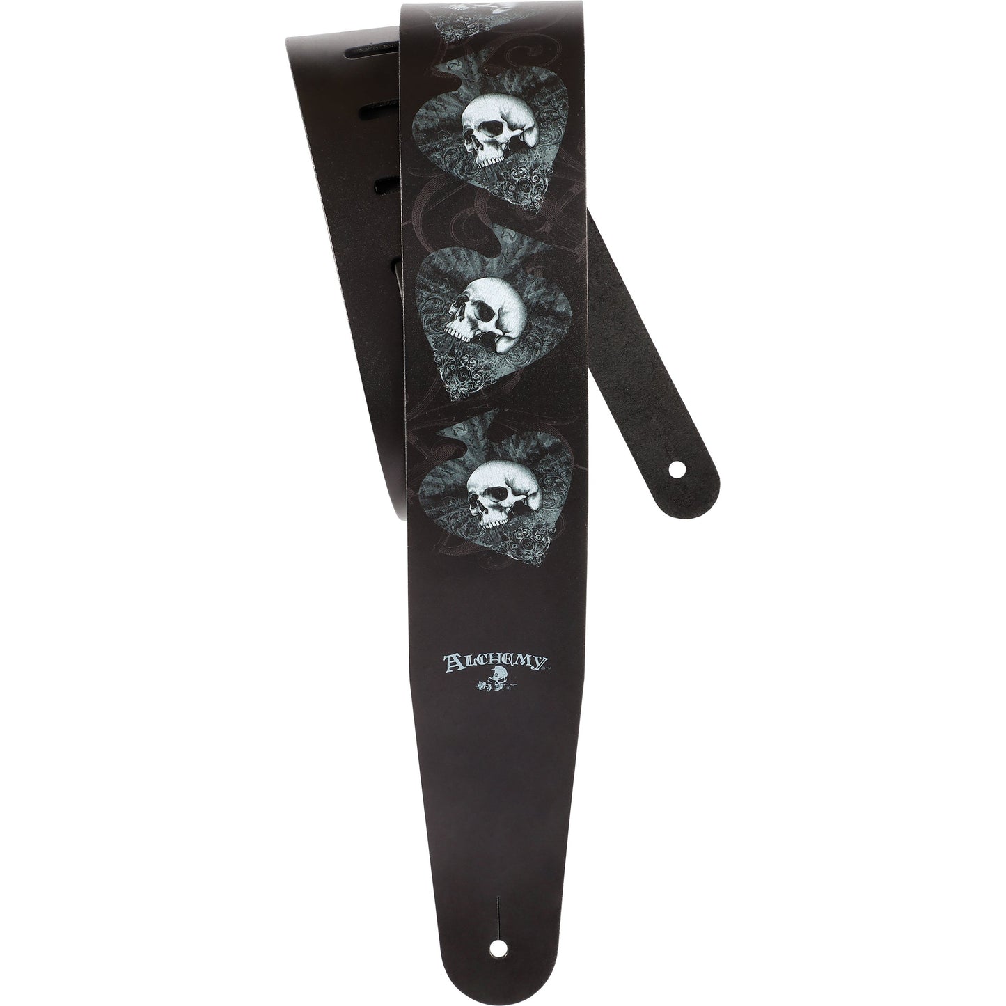 D'Addario Alchemy Leather Guitar Strap, Skulls in Spades