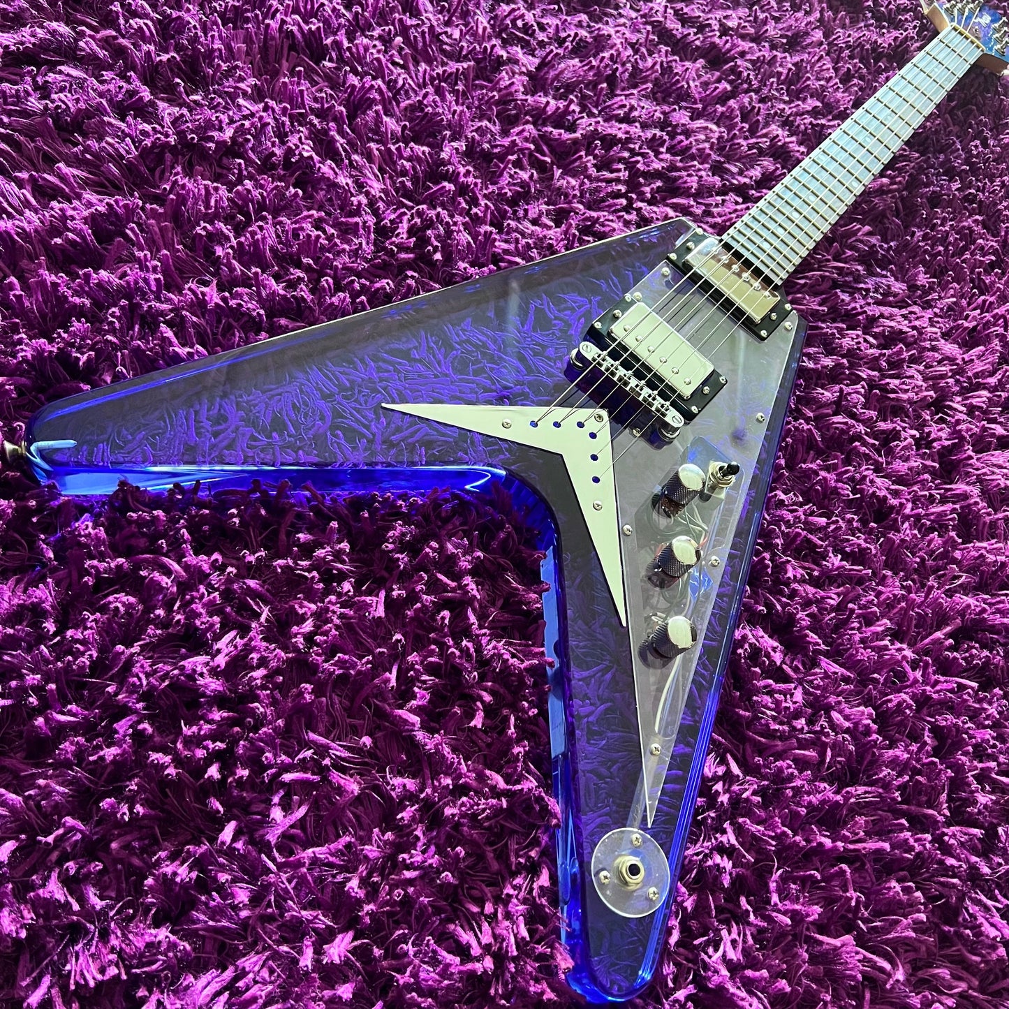 Ishibashi Mavis Blue Tinted Acrylic Flying V Electric Guitar (MIJ)