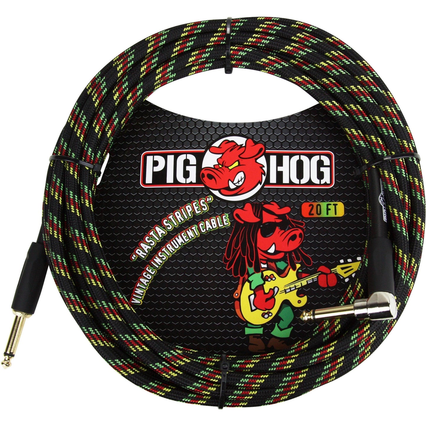 Pig Hog "Rasta Stripes" Instrument Cable - 20 Foot - Right Angle