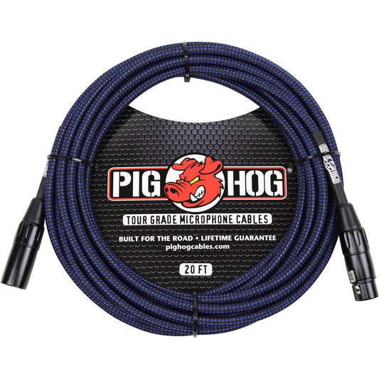 Pig Hog Black & Blue Woven Microphone Cable, 20 Foot XLR