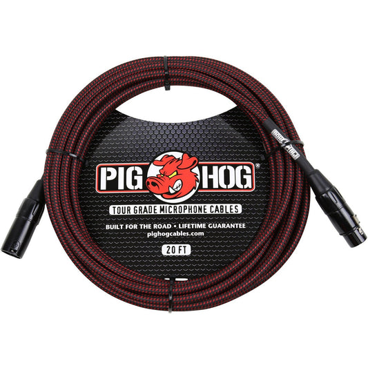 Pig Hog Black & Red Woven Microphone Cable, 20 Foot XLR