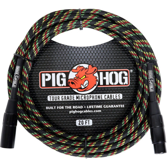 Pig Hog Rasta Stripes Woven Microphone Cable, 20 Foot XLR