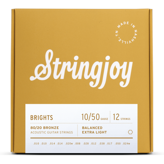 Stringjoy Brights | 12 String Extra Light Gauge (10-50) 80/20 Bronze Acoustic Guitar Strings