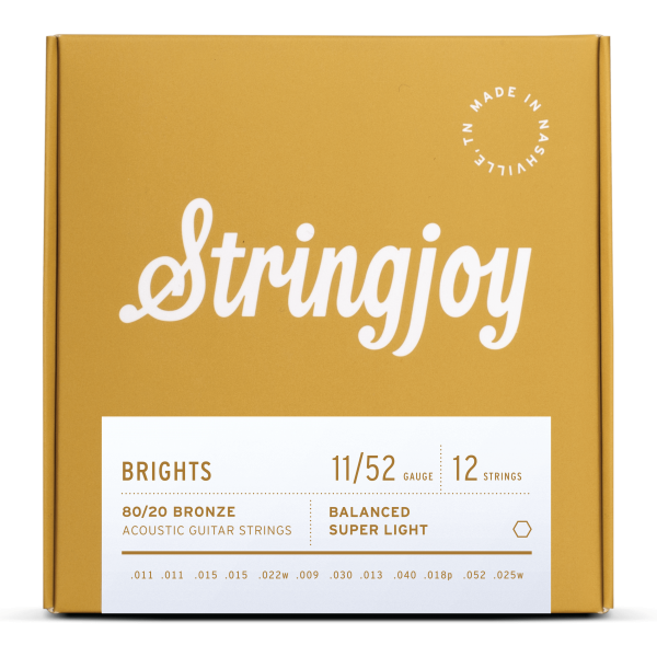 Stringjoy Brights | 12 String Super Light Gauge (11-52) 80/20 Bronze Acoustic Guitar Strings