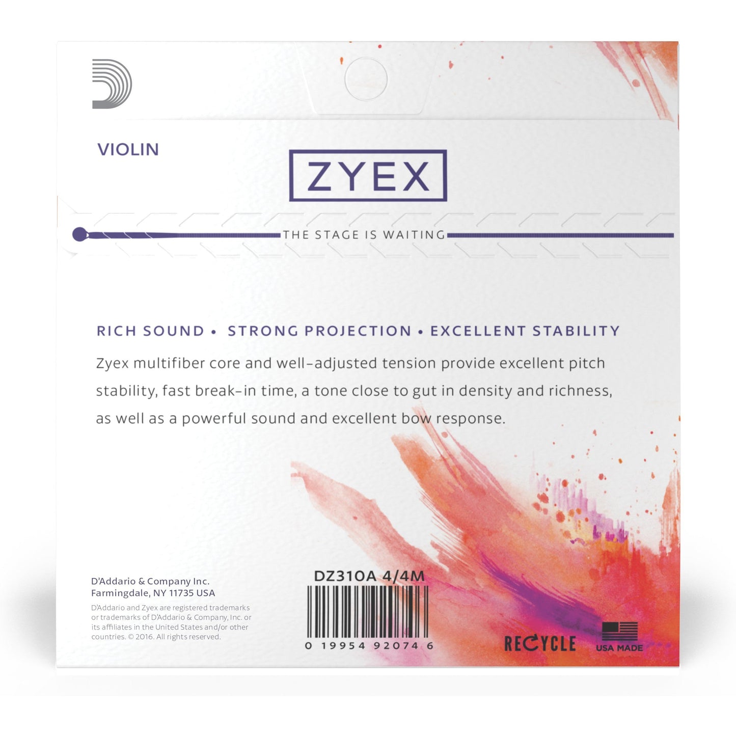 D'Addario Zyex Violin String Set with Aluminum D, 4/4 Scale, Medium Tension