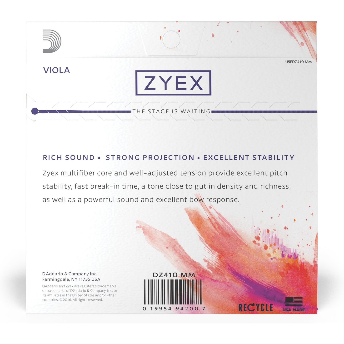 D'Addario Zyex Viola String Set, Medium Scale, Medium Tension