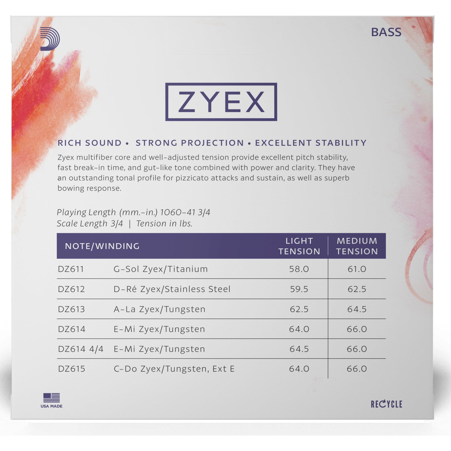 D'Addario Zyex Bass String Set, 3/4 Scale, Light Tension